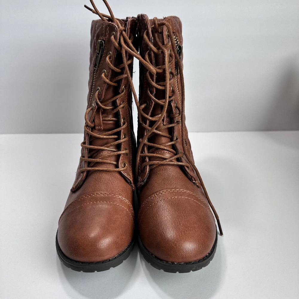 Quilted Combat Boots – Brown Faux Leather, Size 4 girls - Picture 5 of 6